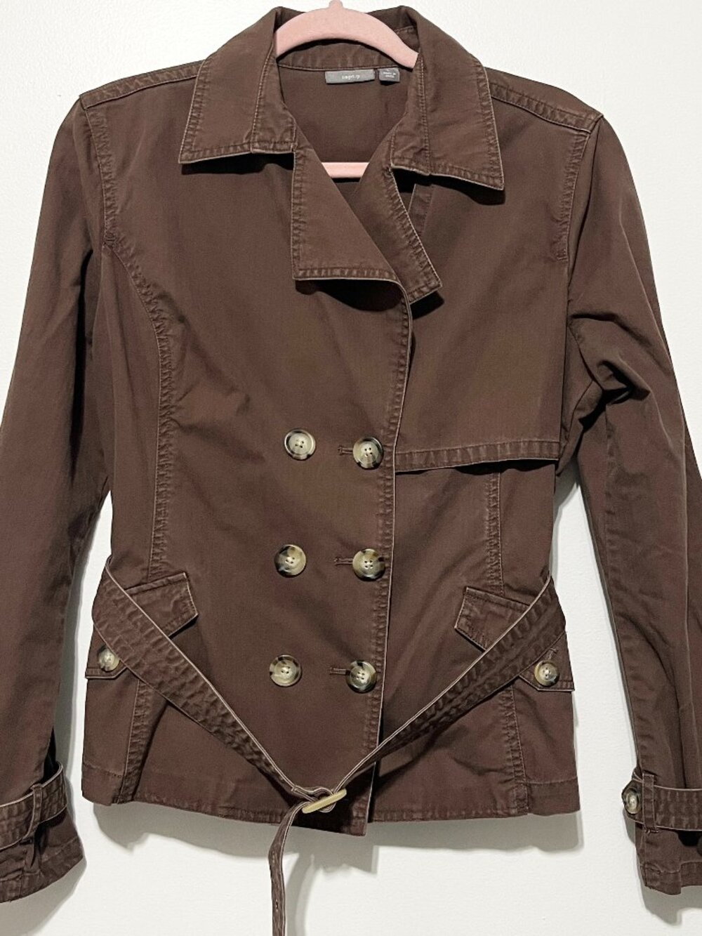 Womens Belted Short Cotton Trench Jacket L Chocolate Brown Utility Indie Grunge
